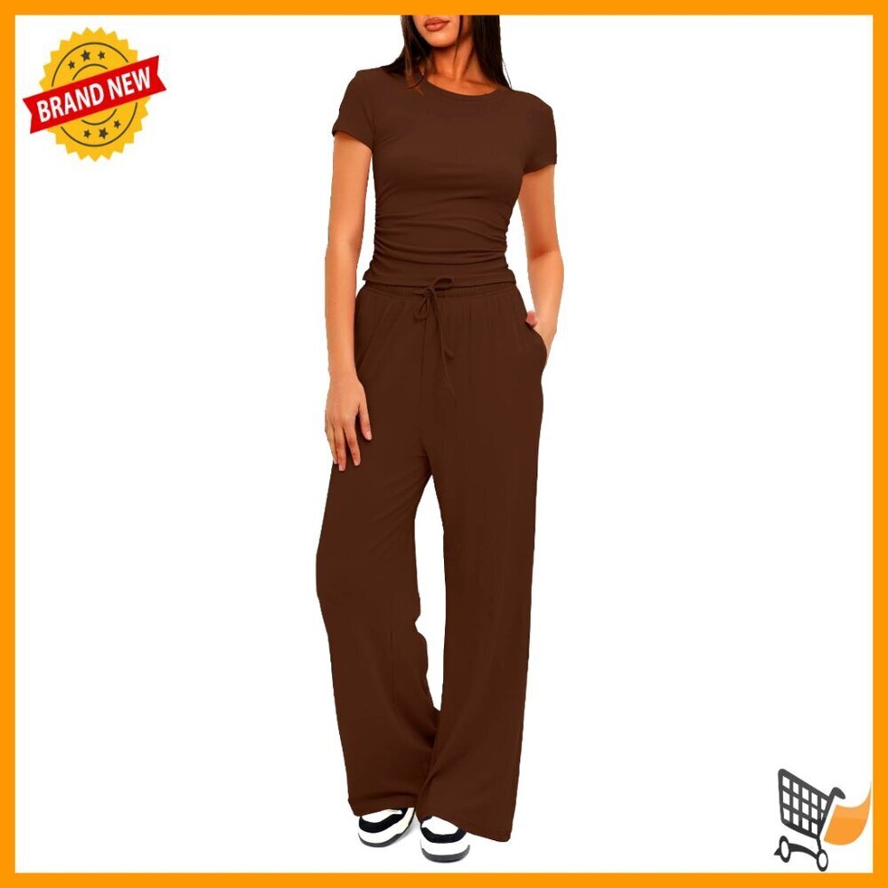Two Piece Lounge Set Ruched Top Wide Leg Pants Tracksuit Chic Casual Outfit